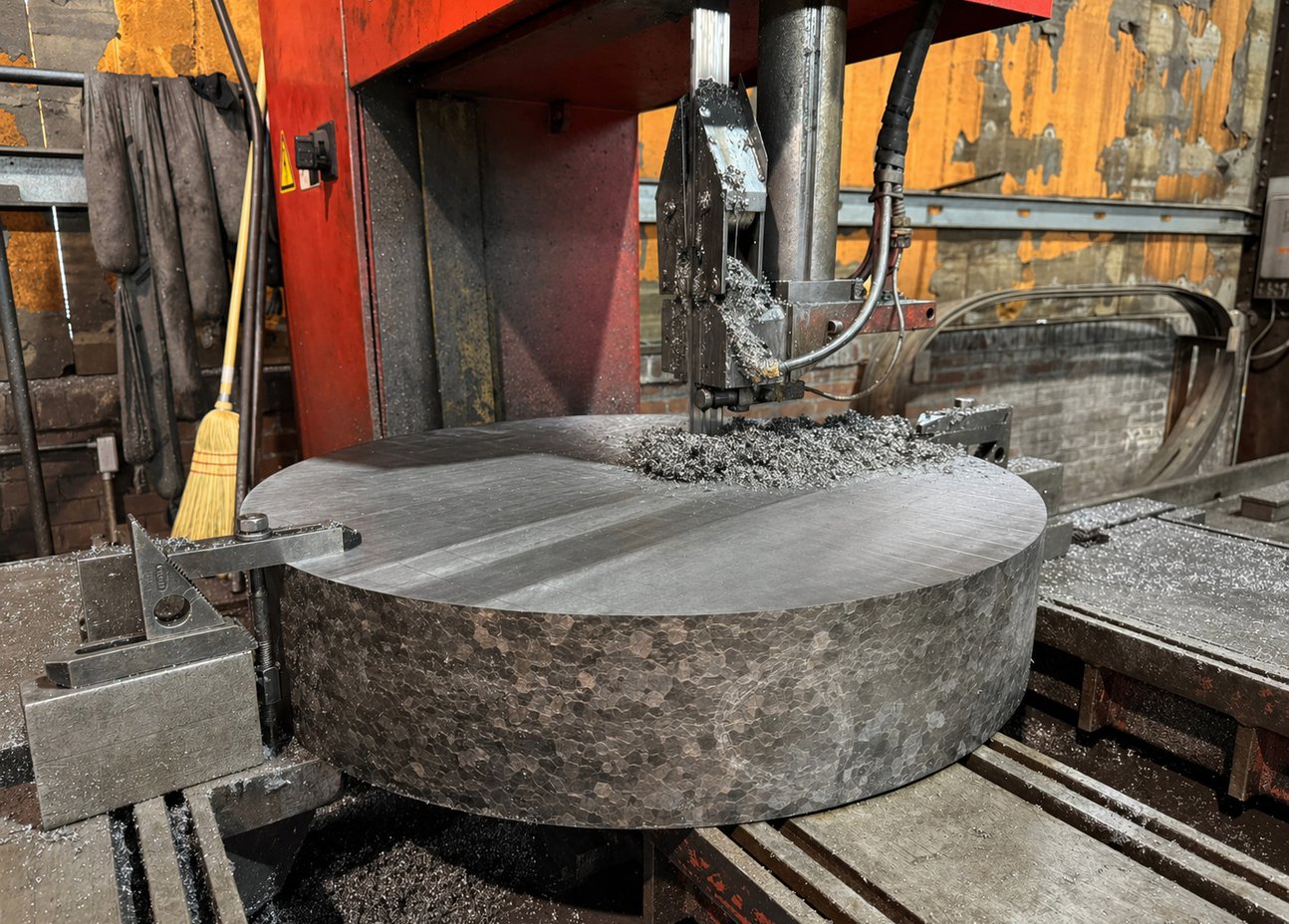 Worker operating a large Gray planer mill cutting a heavy steel block